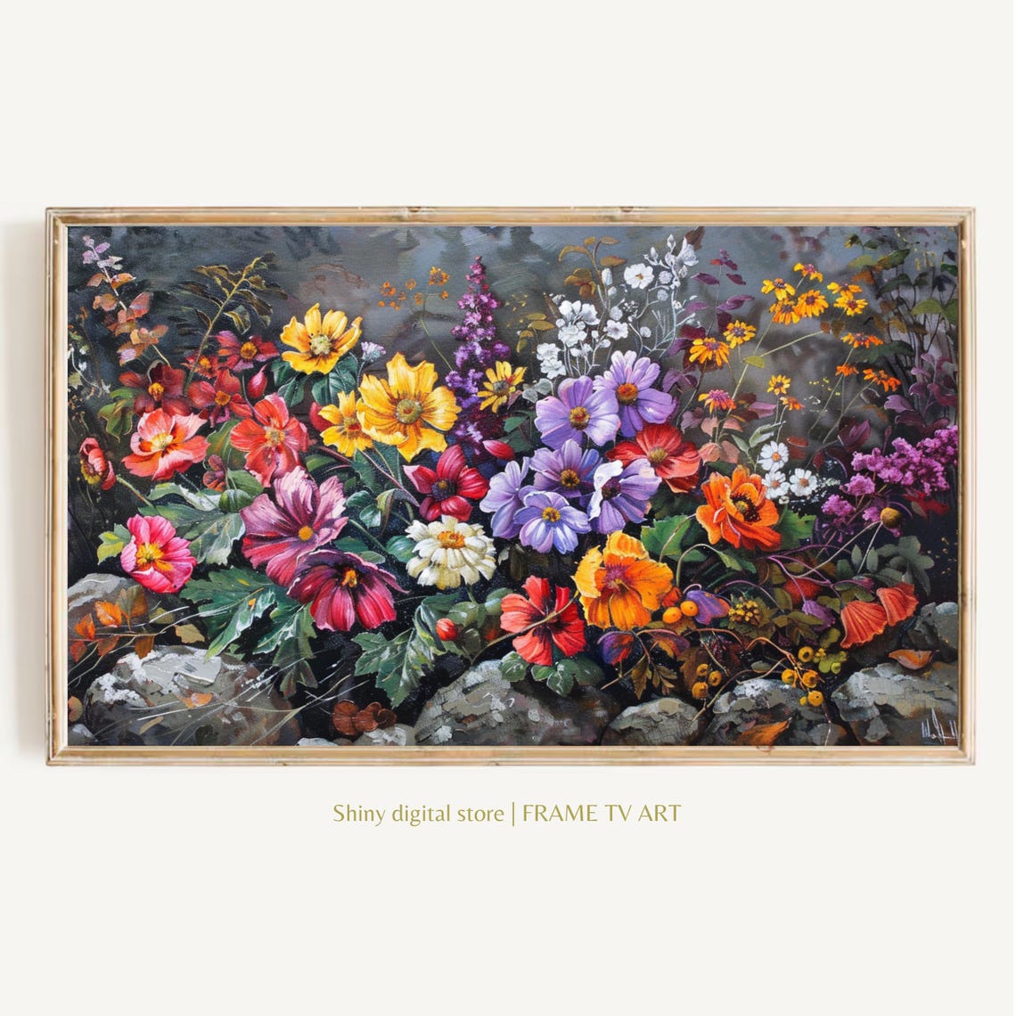 Colorful Wildflower Garden Against Gray Stone Wall Floral Poster