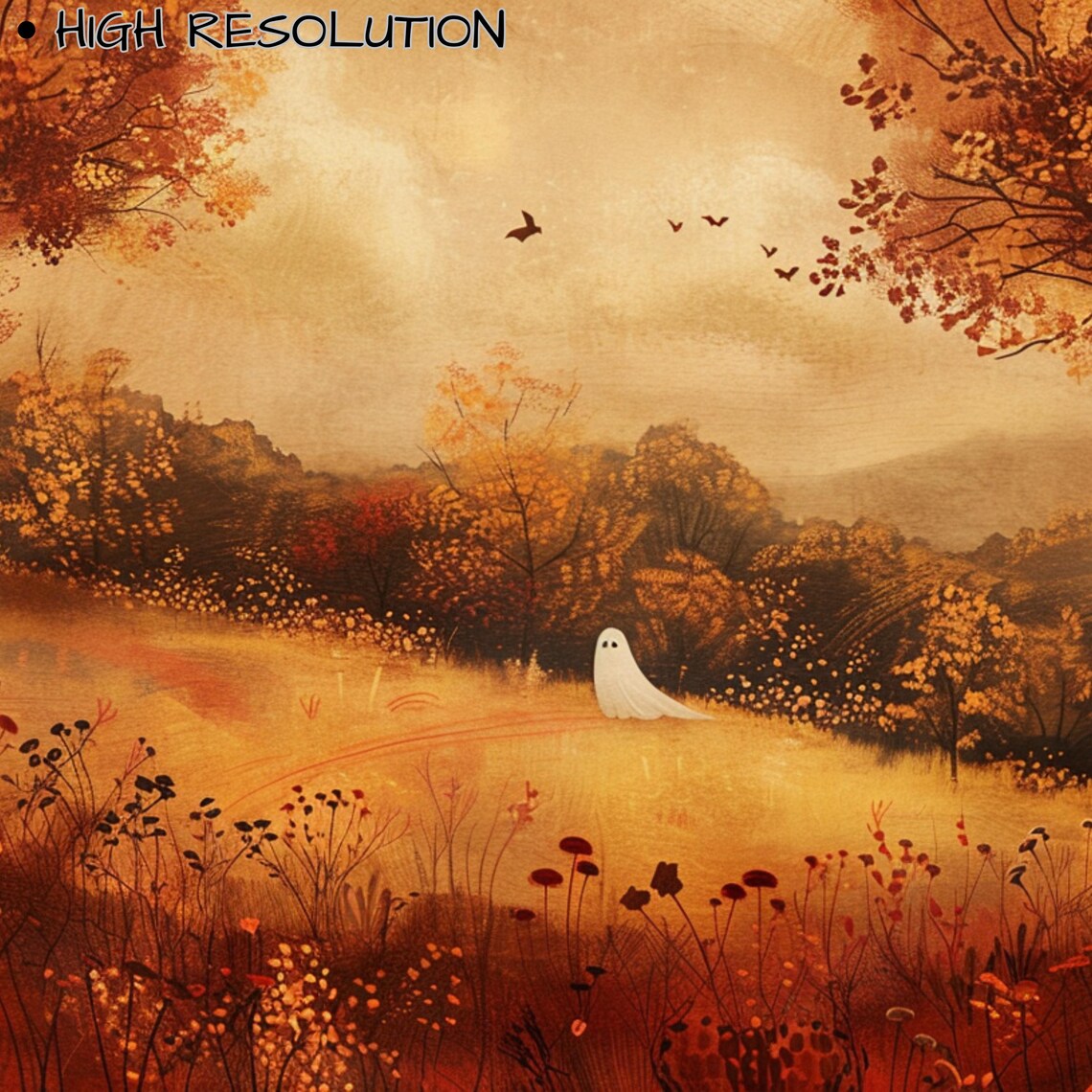 Vintage Autumn Ghost Landscape Fall Countryside Spooky Cute Halloween Poster - Image 3