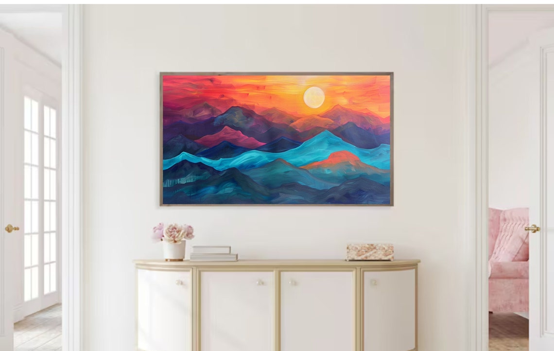 Colorful Mountain Sunset Abstract Peaks Pink Teal Landscape Art Poster - Image 2