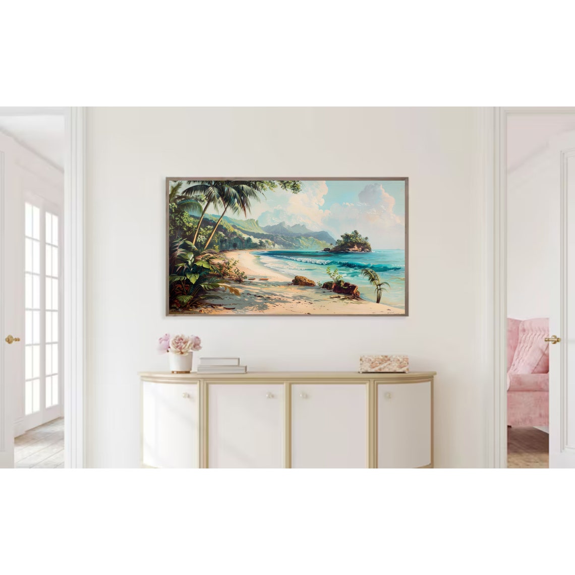 Tropical Palm Beach Turquoise Waves Mountain Coast Landscape Poster - Image 2