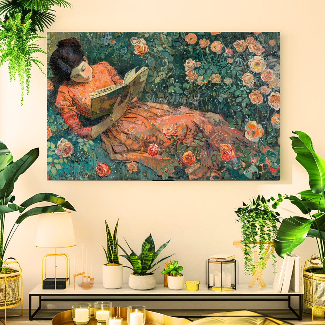 Spring Frame Tv Art Woman Reading In Rose Garden Frame Tv Art Bookish Lady And Dog Vintage Painting Country Farmhouse Art - Image 2