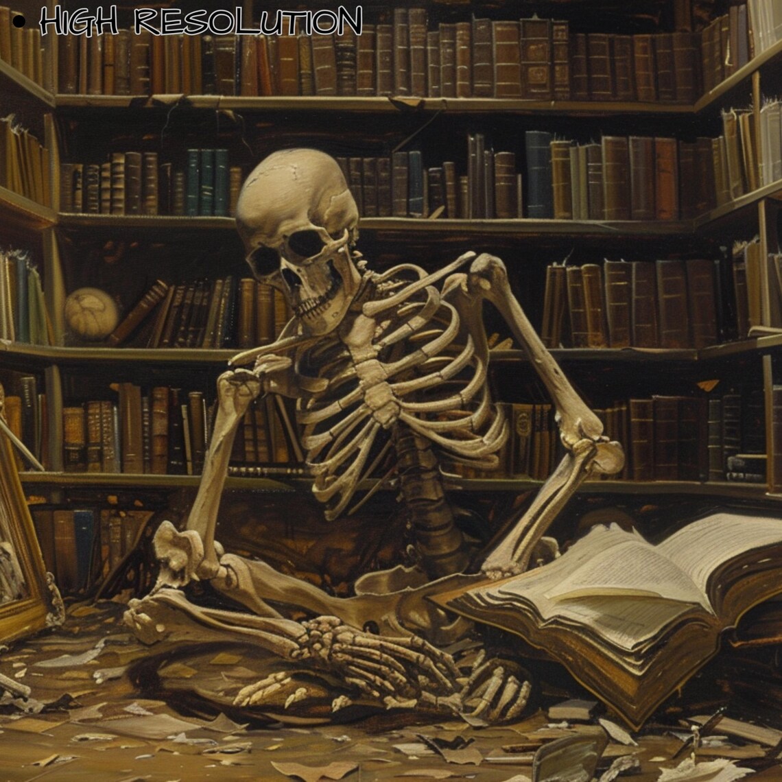Skeleton Reading in Old Library Dark Academia Spooky Halloween Wall Art - Image 3