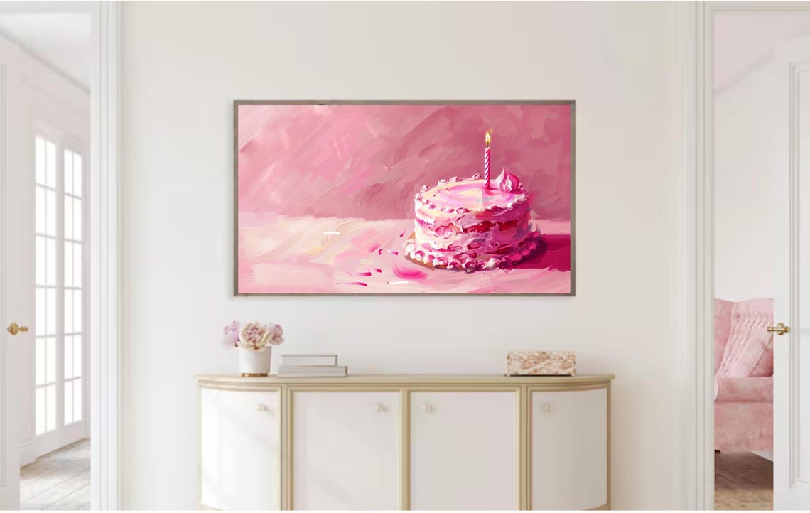 Pink Birthday Cake Single Candle Painterly Party Celebration Poster - Image 3