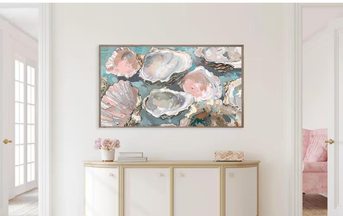 Oyster Shell Close Up Teal Impasto Coastal Still Life Art Poster - Image 2