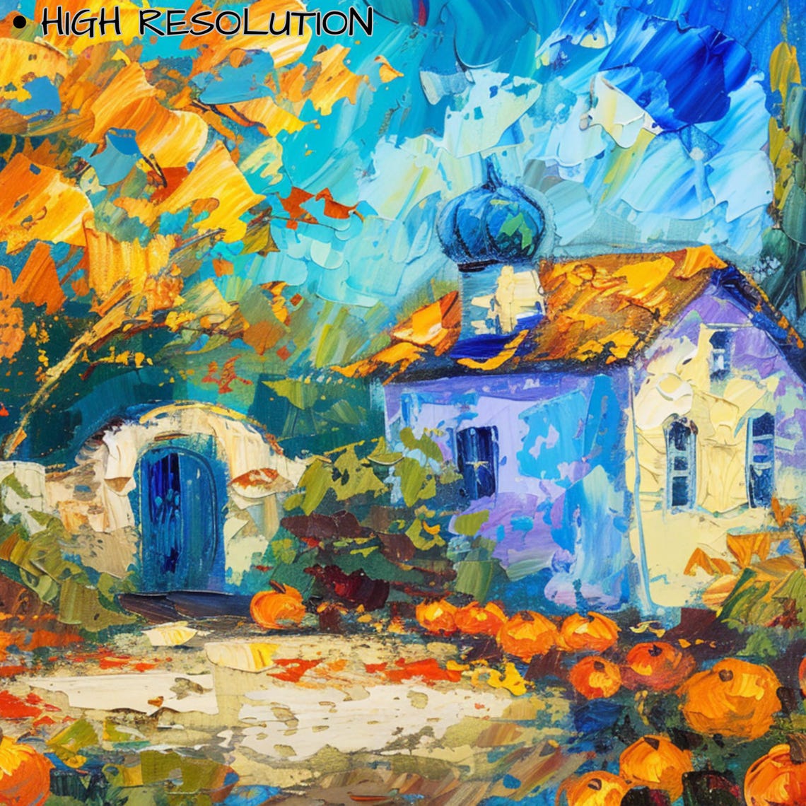Autumn Cottage Pumpkins Orange Foliage Impasto Painting Poster - Image 3