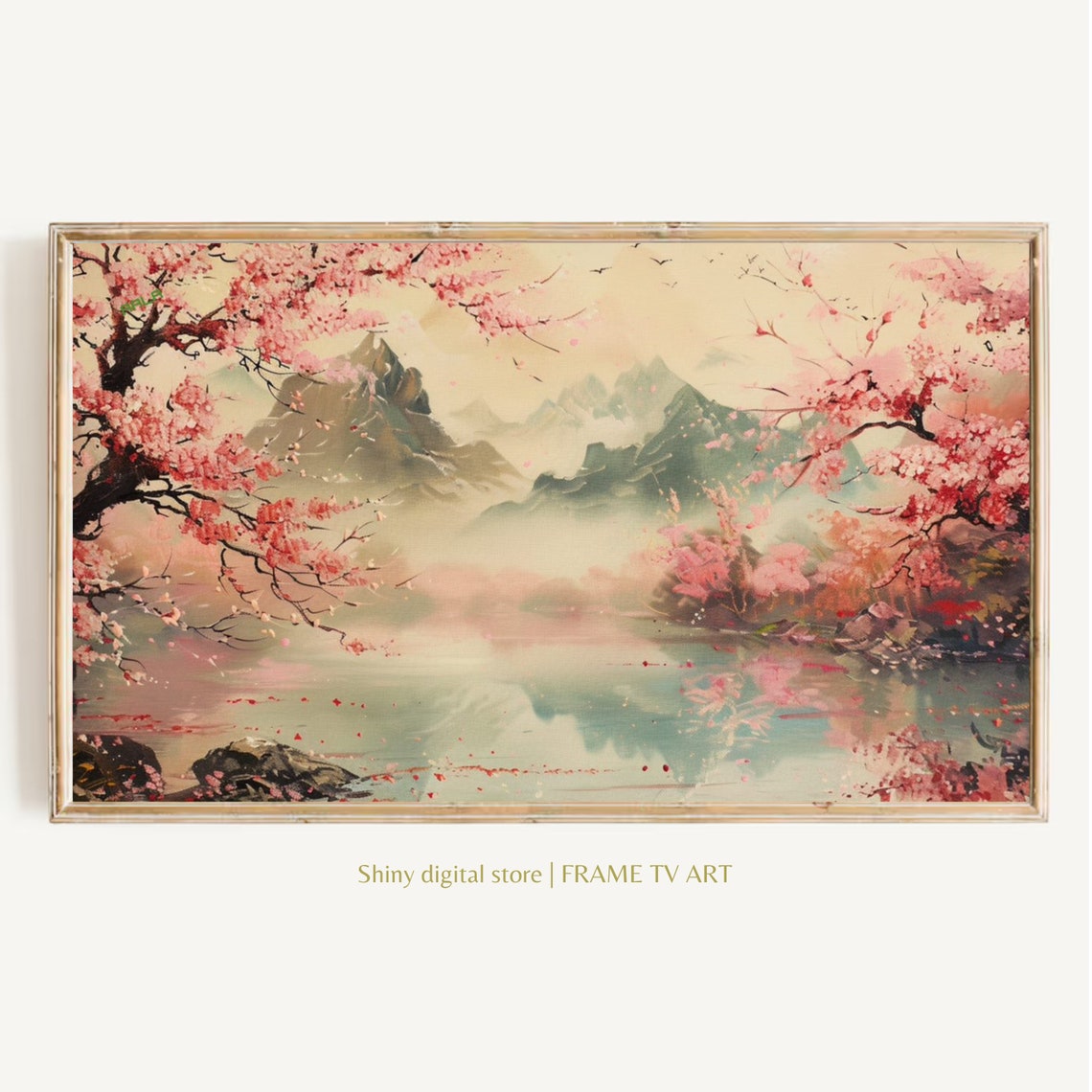 Cherry Blossoms Misty Lake Mountain Reflections Spring Art Poster