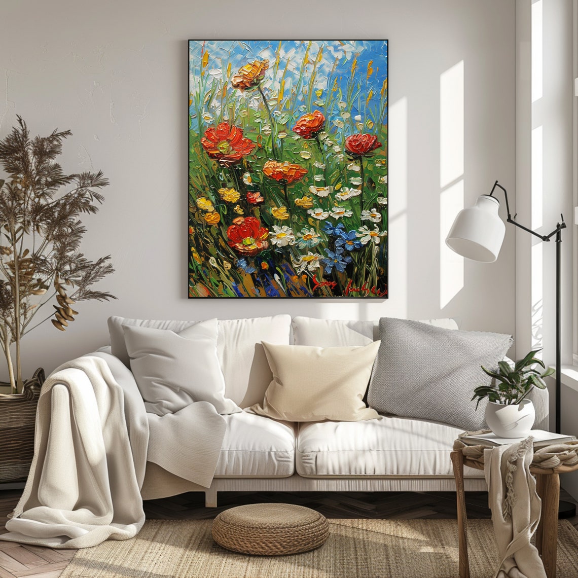 Red Poppy Daisy Wildflower Meadow Impasto Blue Sky Painting Art Poster - Image 3