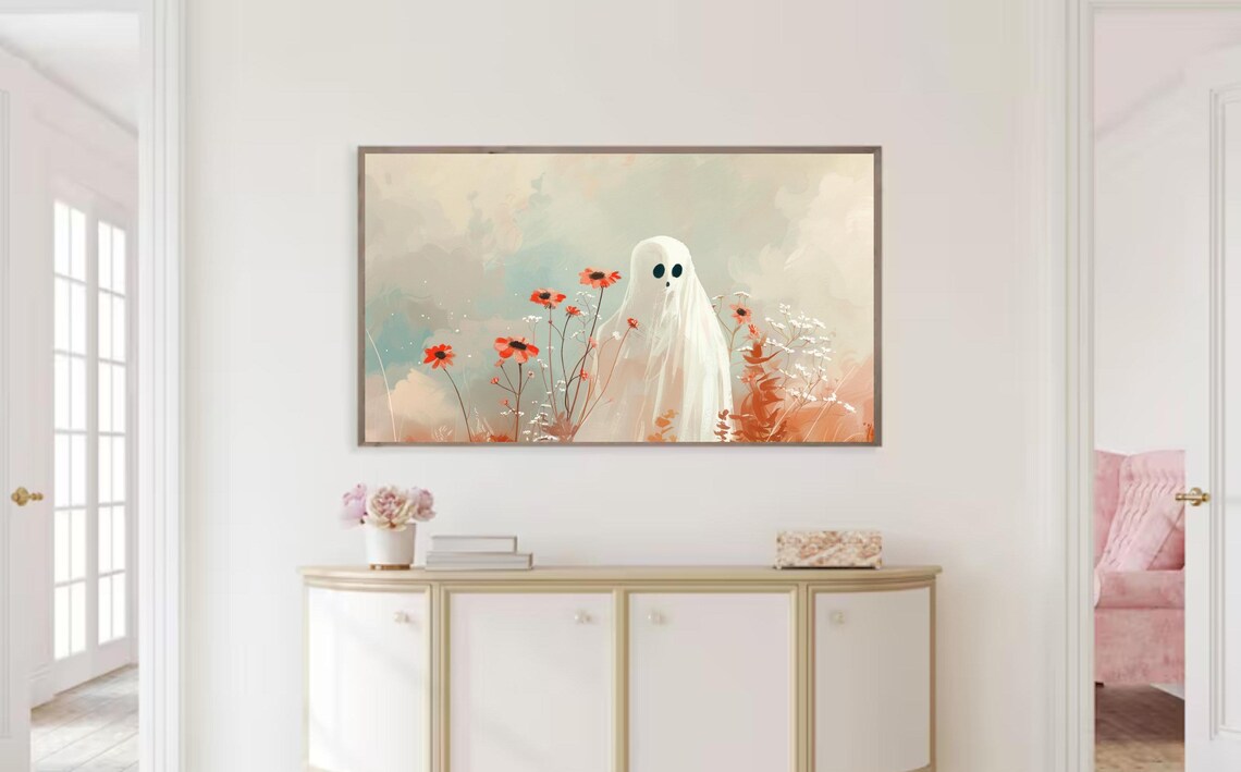 Cute Ghost Among Orange Wildflowers Soft Fall Halloween Floral Wall Art - Image 3