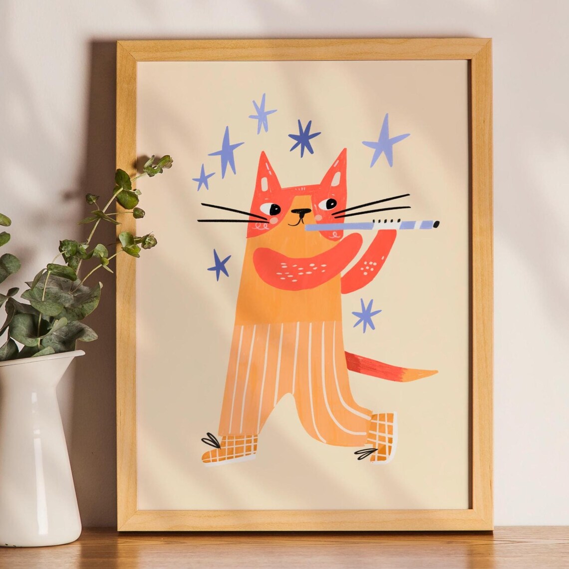 Whimsical Cat Poster, Music Theme Kids Room Art