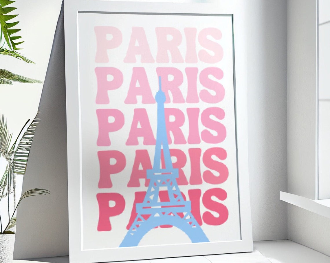 Paris Retro Pink Typography Poster Blue Eiffel Tower Trendy Decor - Image 3