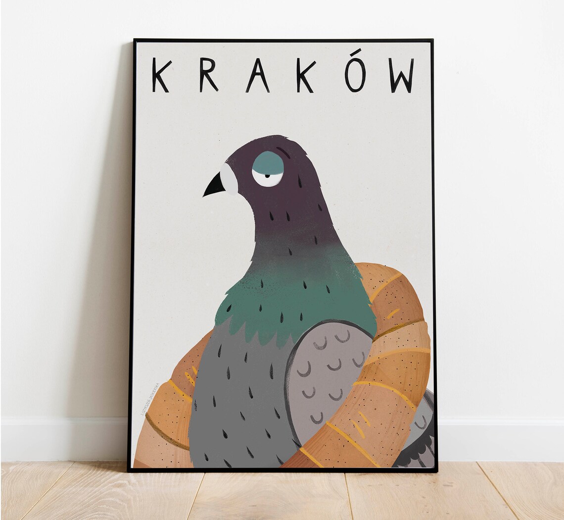 Krakw Poland Travel Poster, Cracow Pigeon Illustration - Image 2