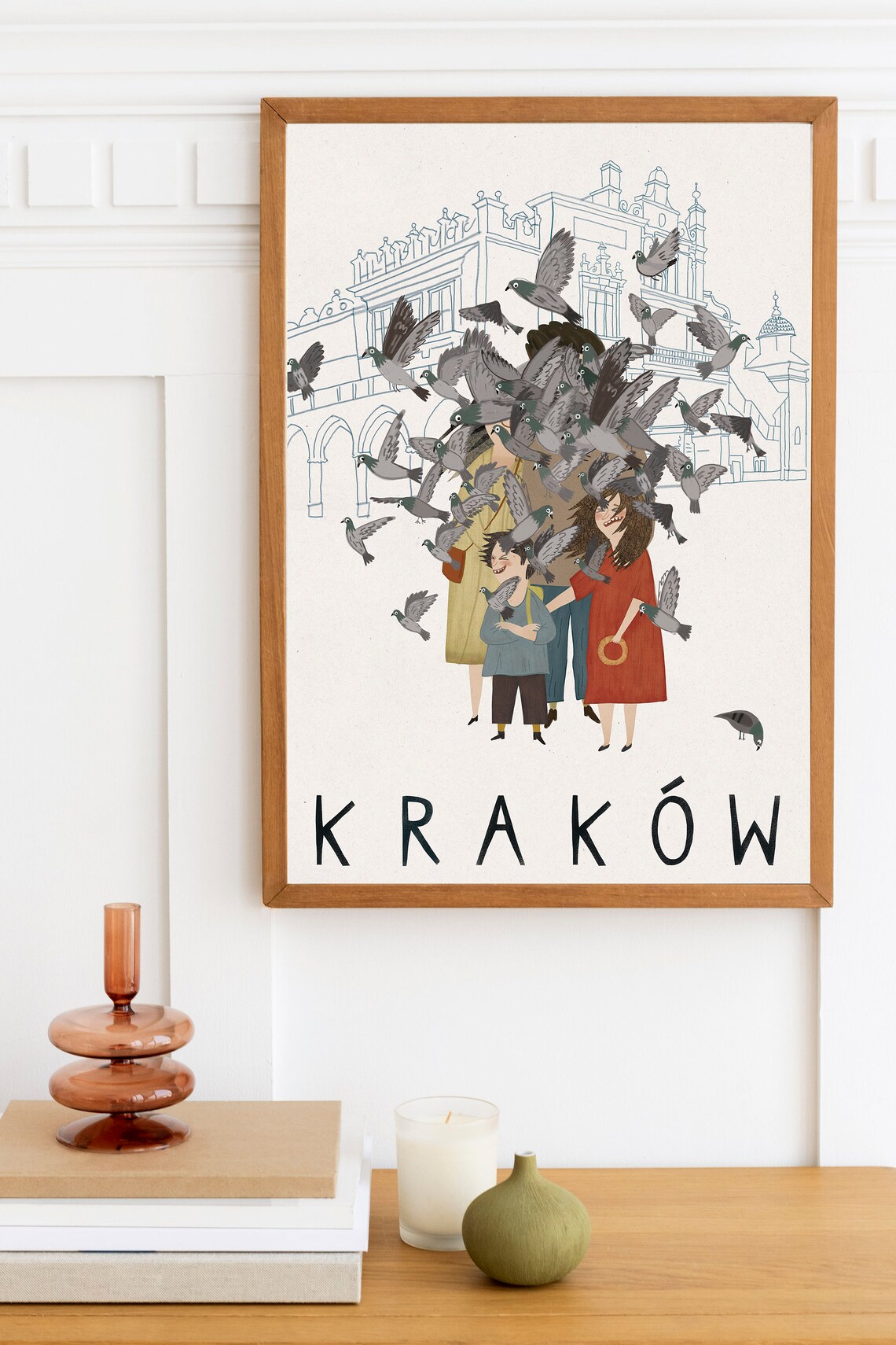 Krakow Old Town Square Pigeon Flock Whimsical Family Travel Poster - Image 2