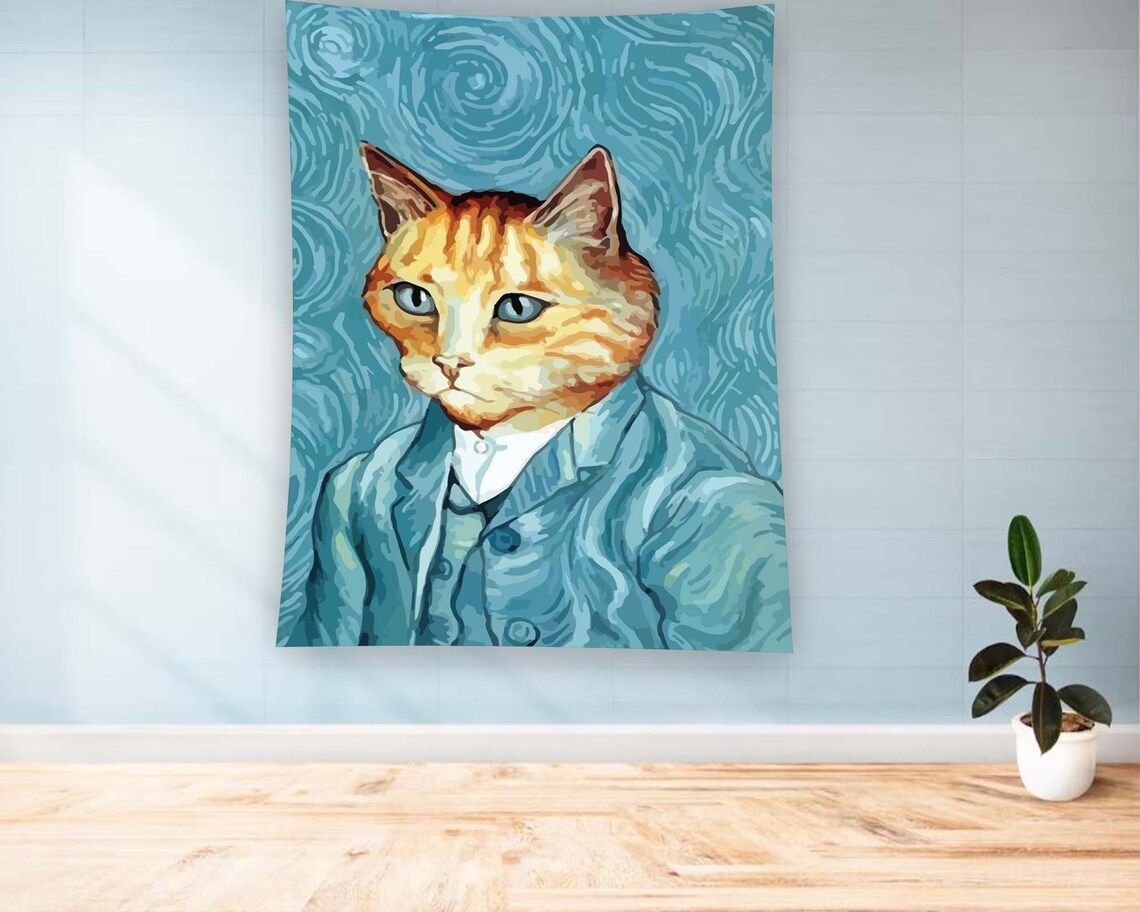 Orange Tabby Cat Blue Suit Starry Night Parody Portrait Tapestry Poster - Image 2