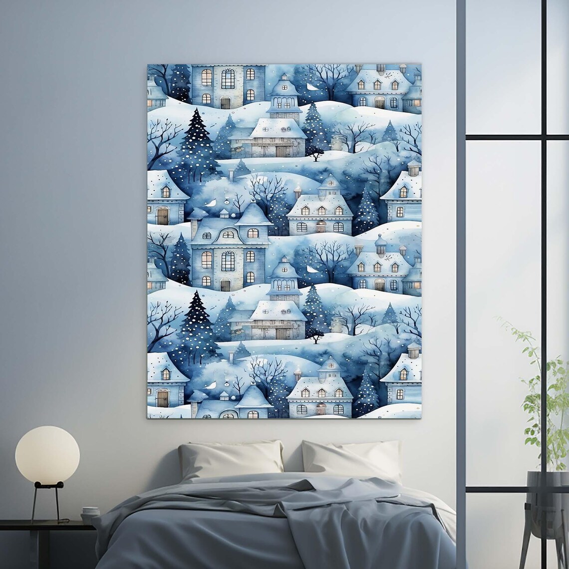 Snowy Village Watercolor Winter Town Blue Christmas Art Print - Image 2
