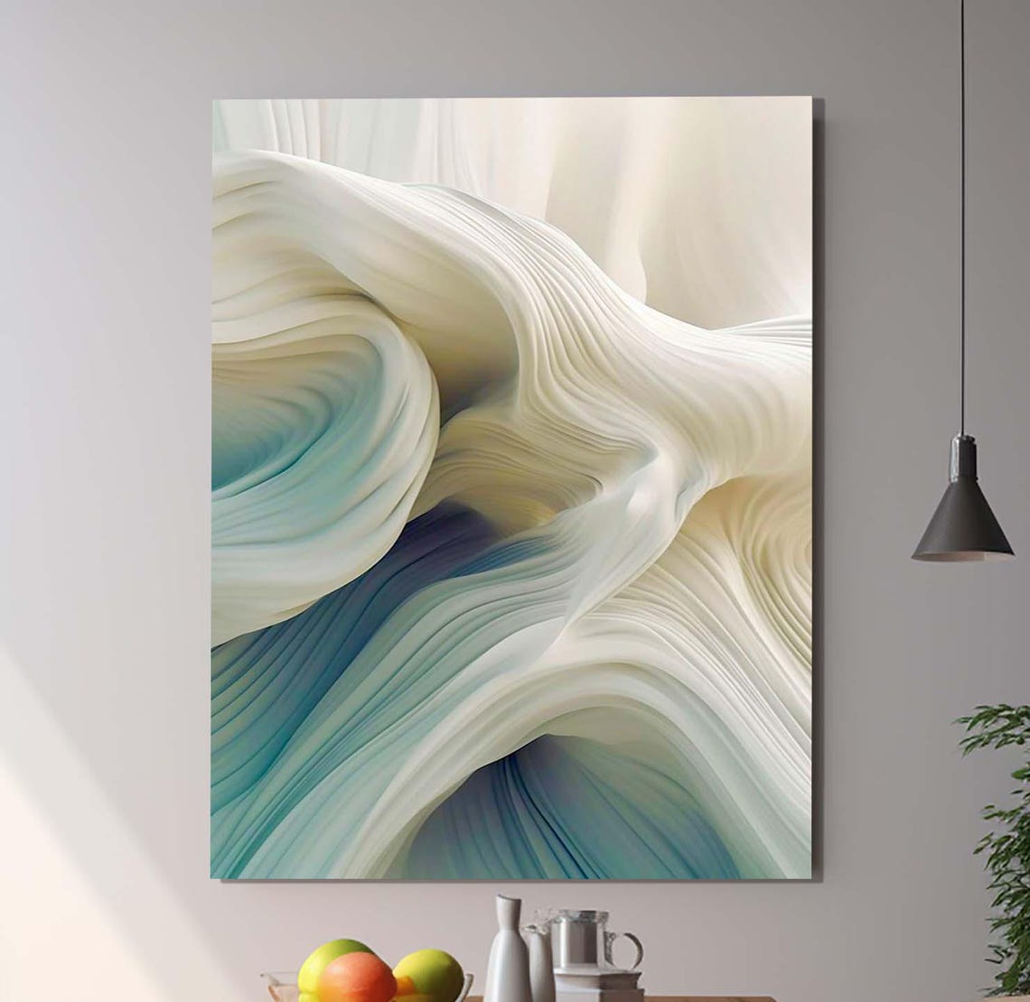 Abstract Flowing White And Teal Wave Marble Sculpture Calm Wall Art