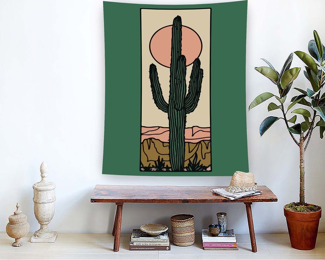 Saguaro Cactus Desert Sunset Green Southwestern Art Tapestry Poster