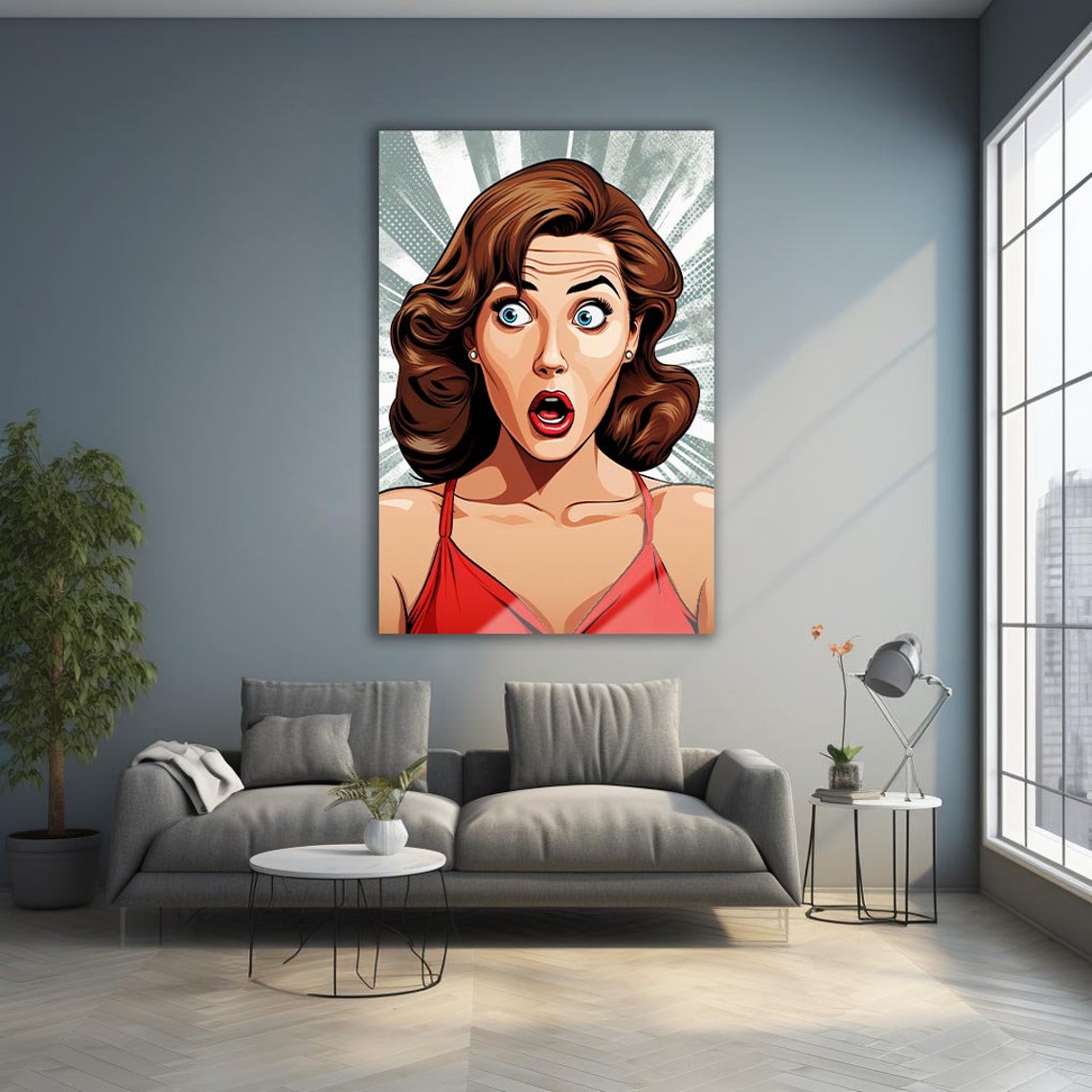 Pop Art Surprised Brunette Woman Comic Halftone Vintage Retro Poster