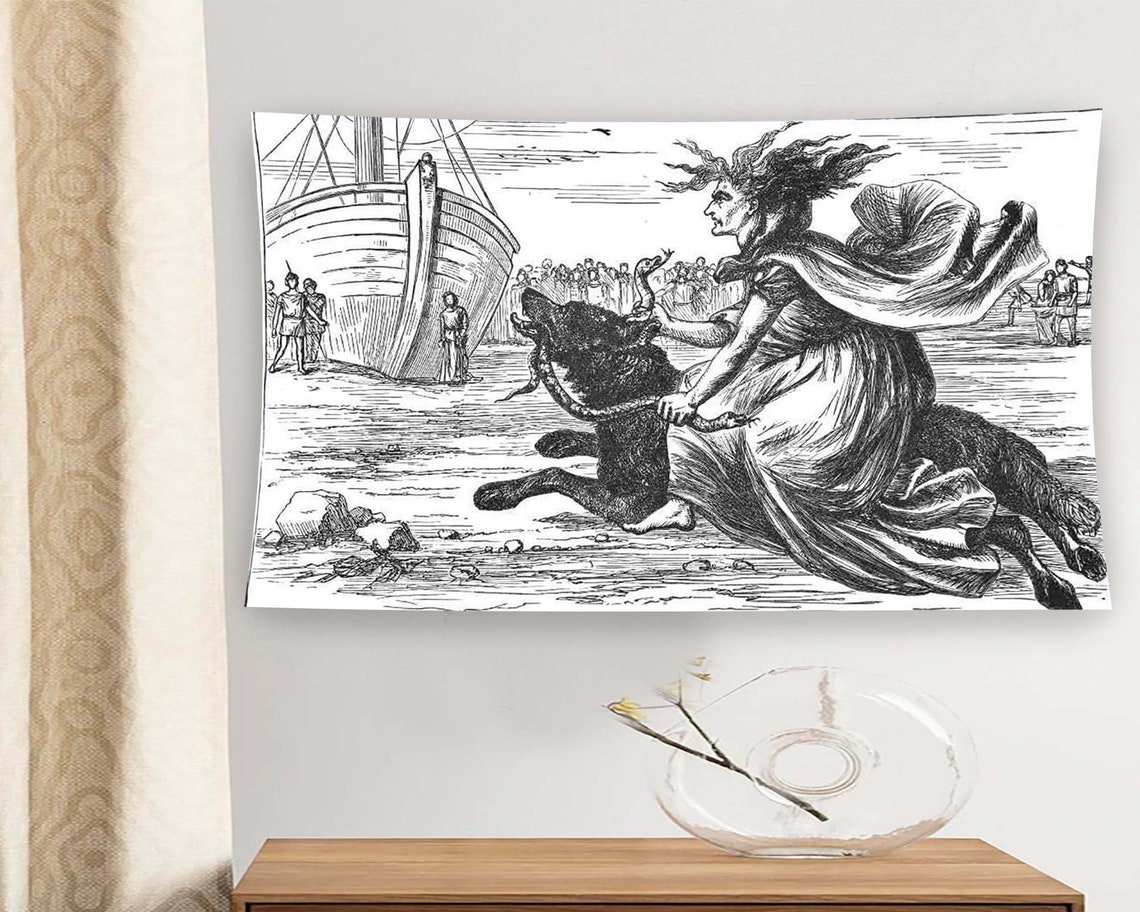 Witch Riding Wolf Viking Ship Gothic Horror Engraving Style Wall Art