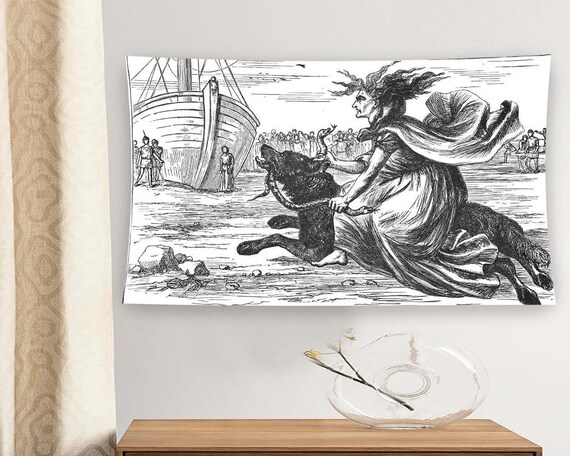 Witch Riding Wolf Viking Ship Gothic Horror Engraving Style Wall Art
