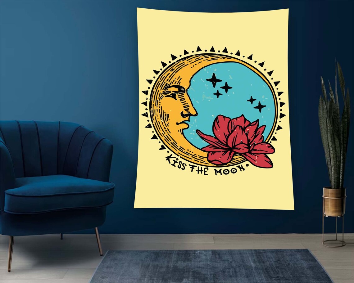Kiss The Moon Vintage Crescent Moon Face Flower Yellow Tapestry Poster - Image 3