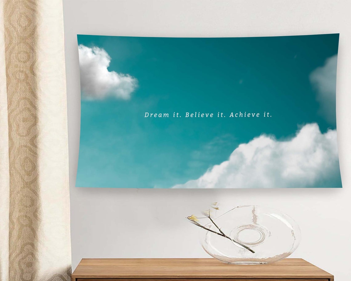 Dream Believe Achieve Turquoise Sky Clouds Motivational Quote Wall Art - Image 2