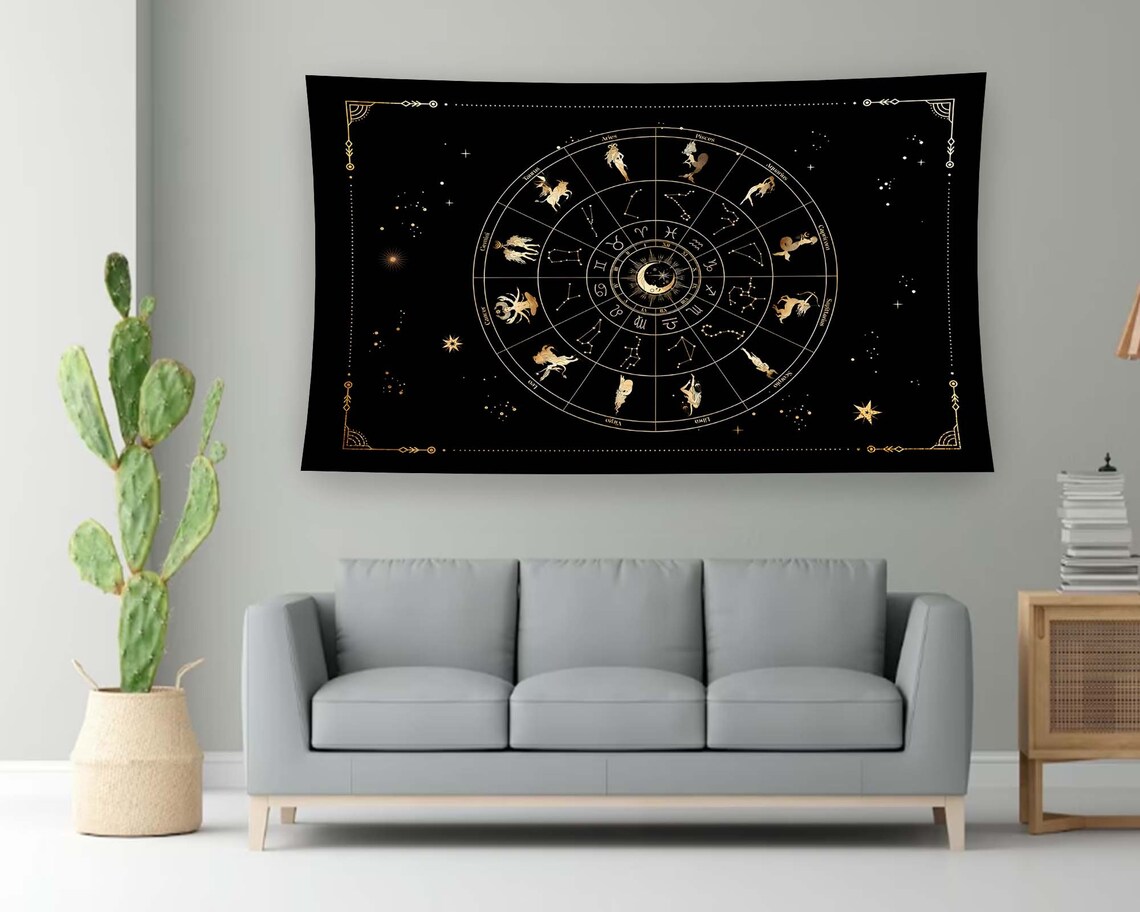 Gold Zodiac Wheel Constellation Figures Black Horoscope Tapestry Poster - Image 2