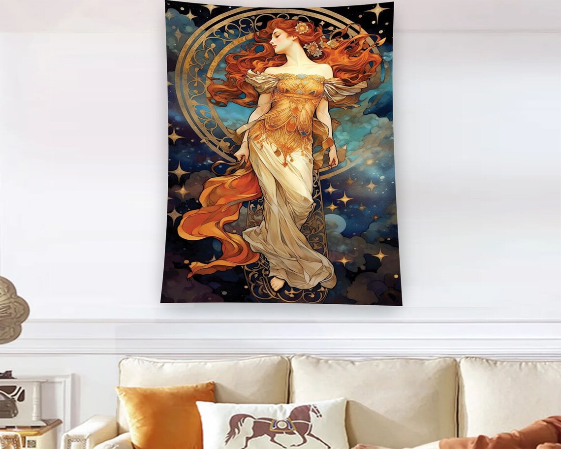 Art Nouveau Goddess Red Hair Stars Golden Celestial Fantasy Art Poster - Image 2