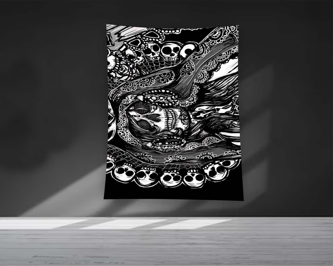 Black White Gothic Snake Skull Spiderweb Horror Tapestry Wall Art - Image 2