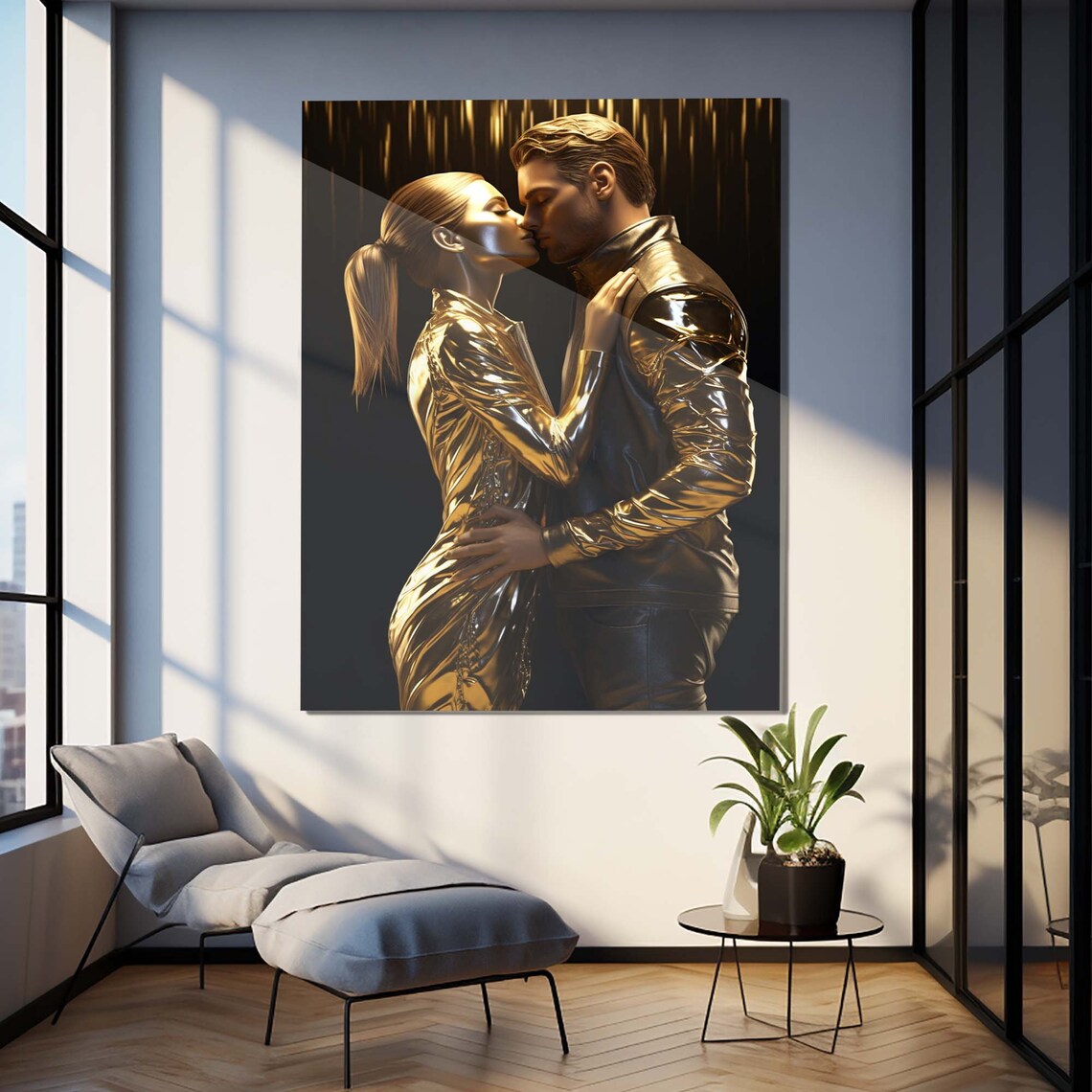 Golden Couple Embrace Kiss Liquid Gold Romantic Love Wall Art - Image 3