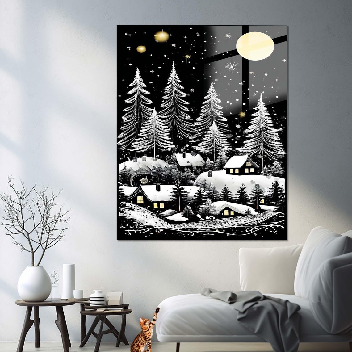 Snowy Village Under Starry Night Moonlit Winter Town Art Print - Image 3