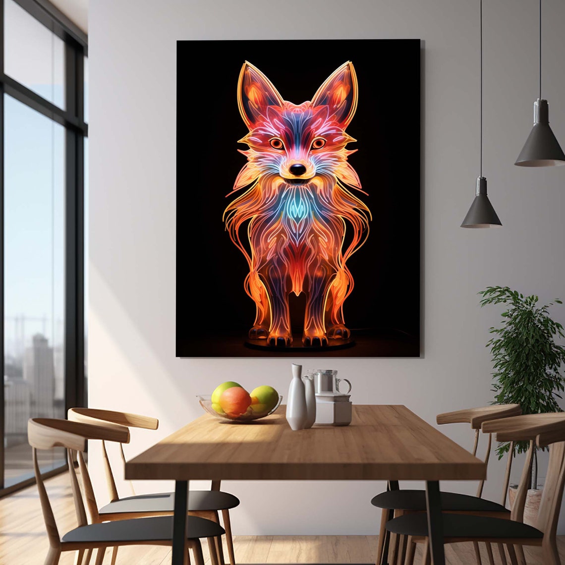 Neon Glowing Fox Black Background Fiery Orange Line Art Wall Art - Image 2