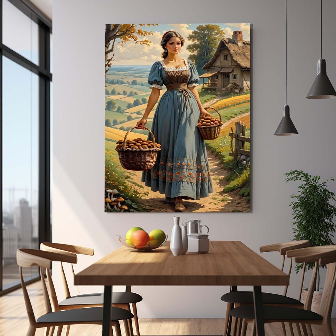 Woman In Blue Peasant Dress With Mushroom Baskets Countryside Wall Art - Image 3