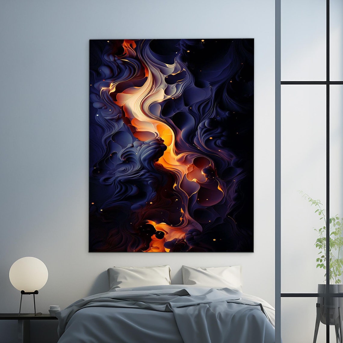 Burning Orange Flame Swirls Dark Marble Abstract Fire Wall Art - Image 3