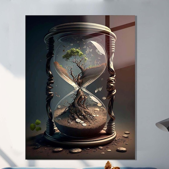 Hourglass Tempered Glass Wall Art Tree Of Life Design Wall Decor Glass Wall Art Luxury Glass Art Women Wall Decor Time Oclock Glass