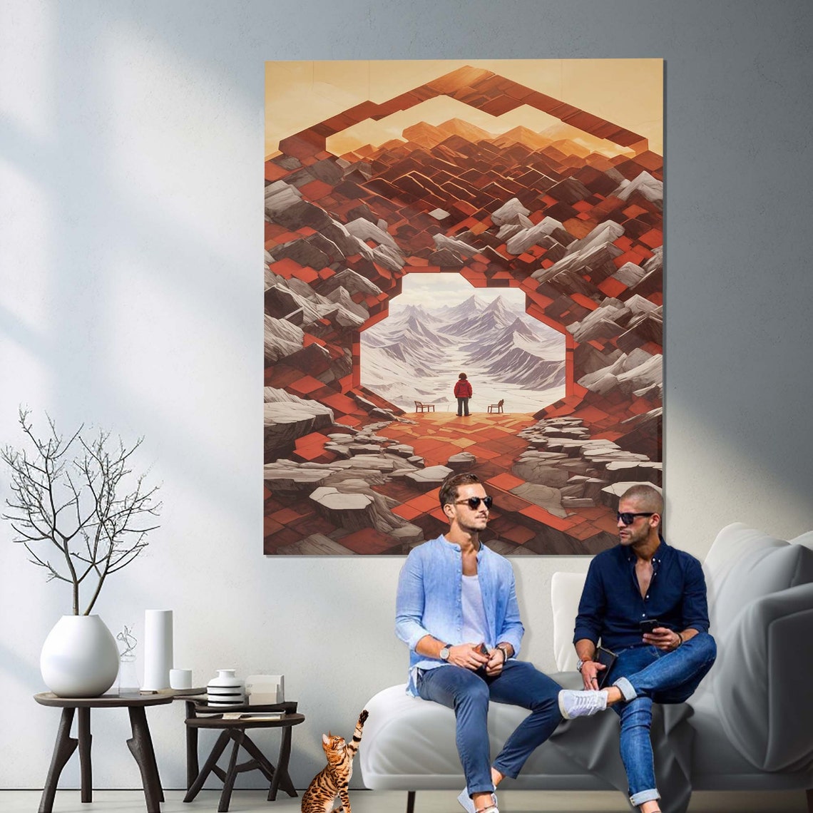Surreal Red Rock Mountain Arch Portal Snowy Peaks Lone Hiker Poster - Image 3