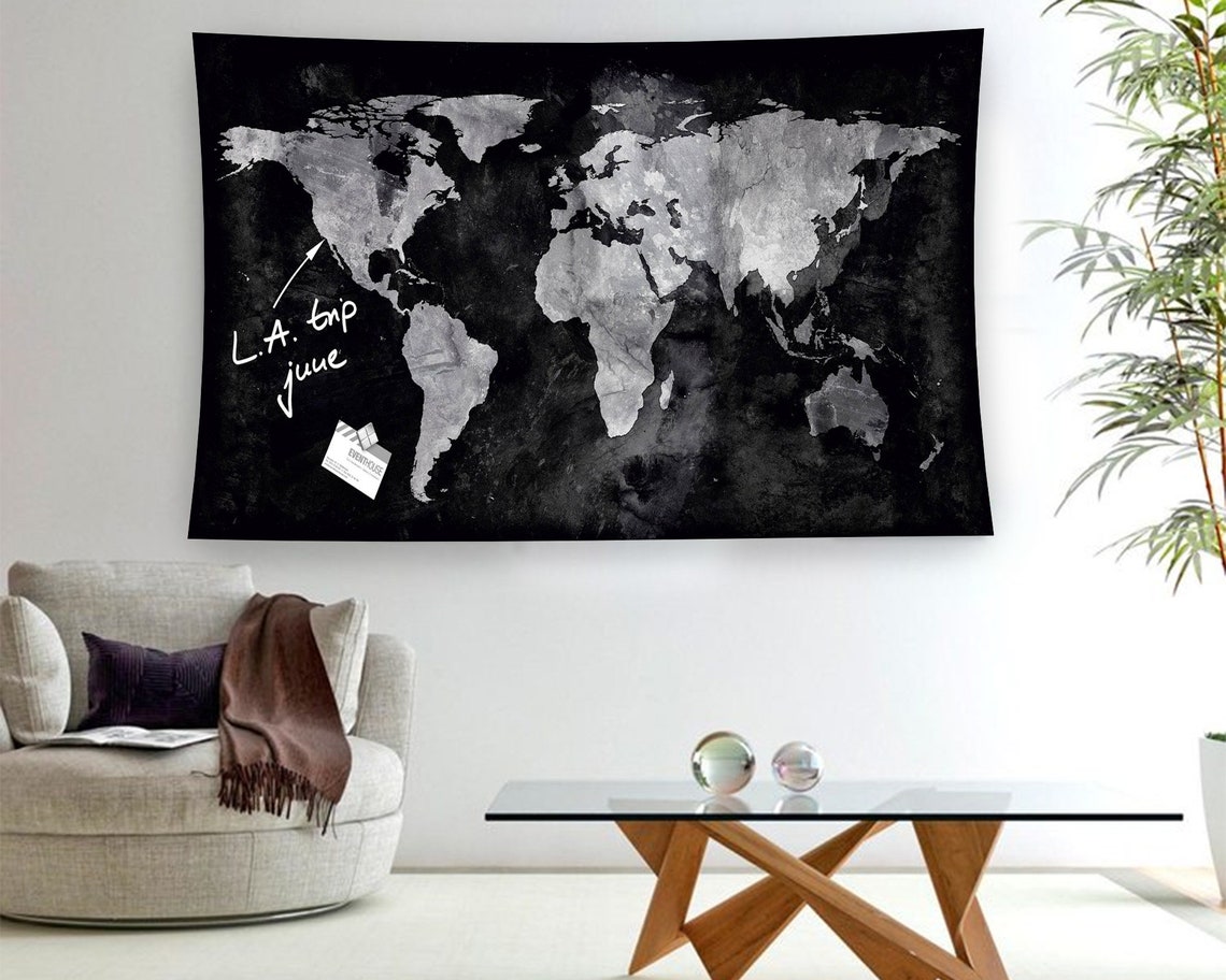 Black Watercolor World Map Travel Journey Adventure Wanderlust Poster