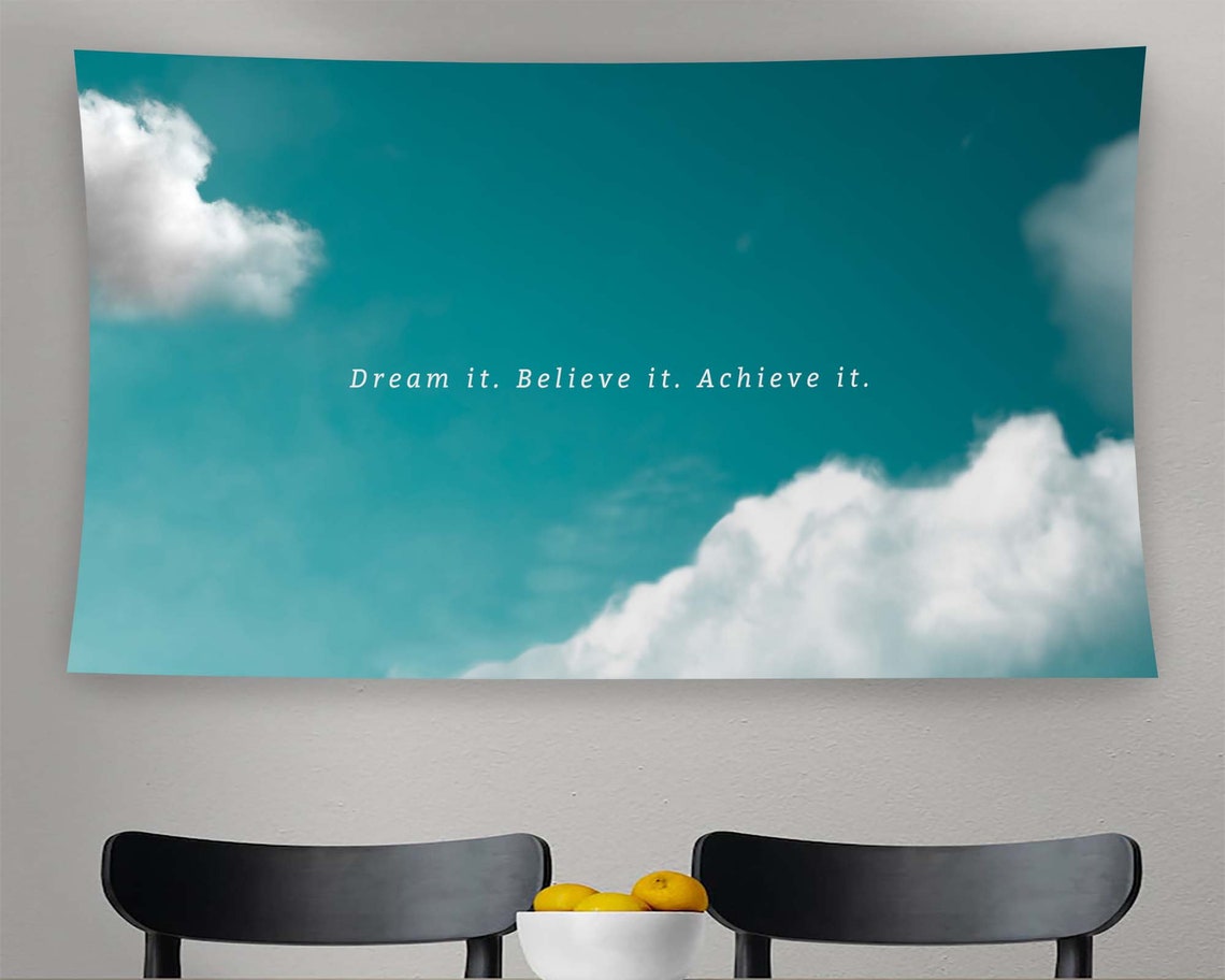 Dream Believe Achieve Turquoise Sky Clouds Motivational Quote Wall Art