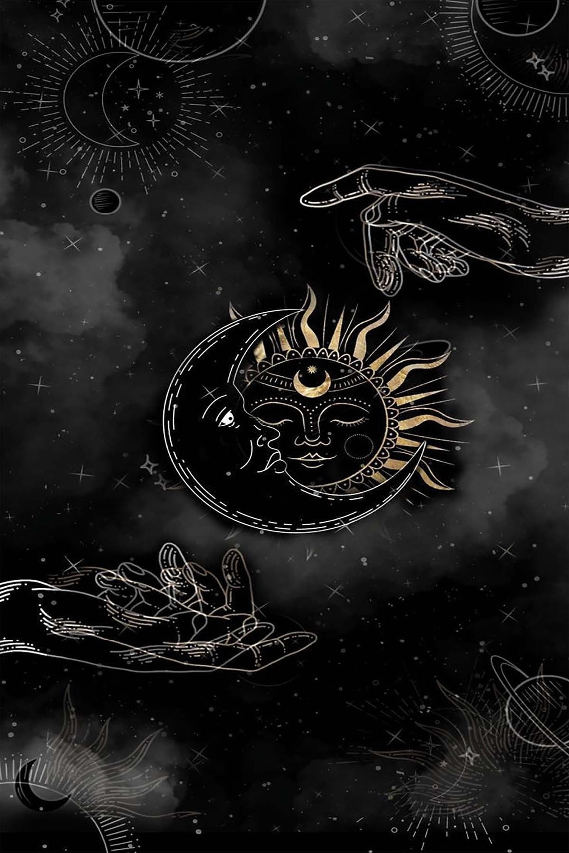 Celestial Sun Moon Eclipse Gold Hands Mystic Astrology Wall Art Decor - Image 3