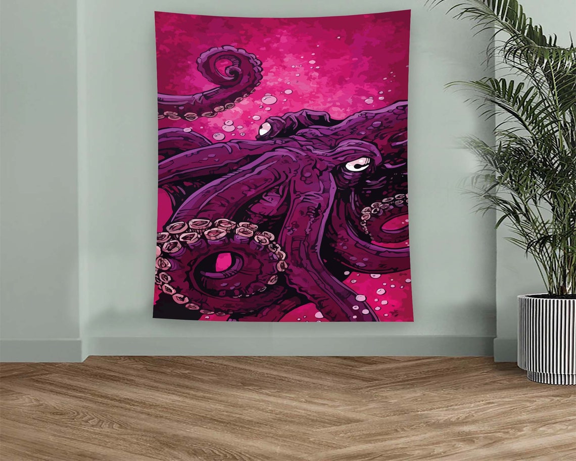 Pink Octopus Kraken Tentacles Ocean Horror Purple Tapestry Wall Art - Image 2