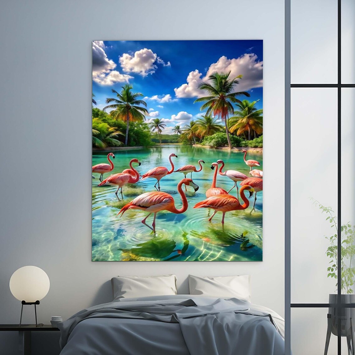 Pink Flamingos Wading In Tropical Turquoise Lagoon Palm Trees Wall Art - Image 2