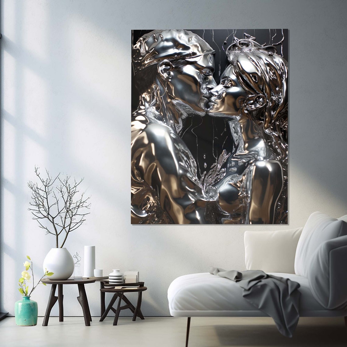 Silver Chrome Couple Kiss Liquid Metal Romantic Love Wall Art - Image 3