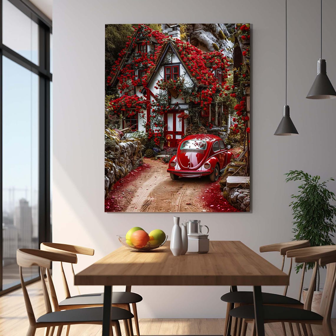 Red Vintage Volkswagen Beetle By Flower Covered Cottage Cozy Wall Art - Image 3