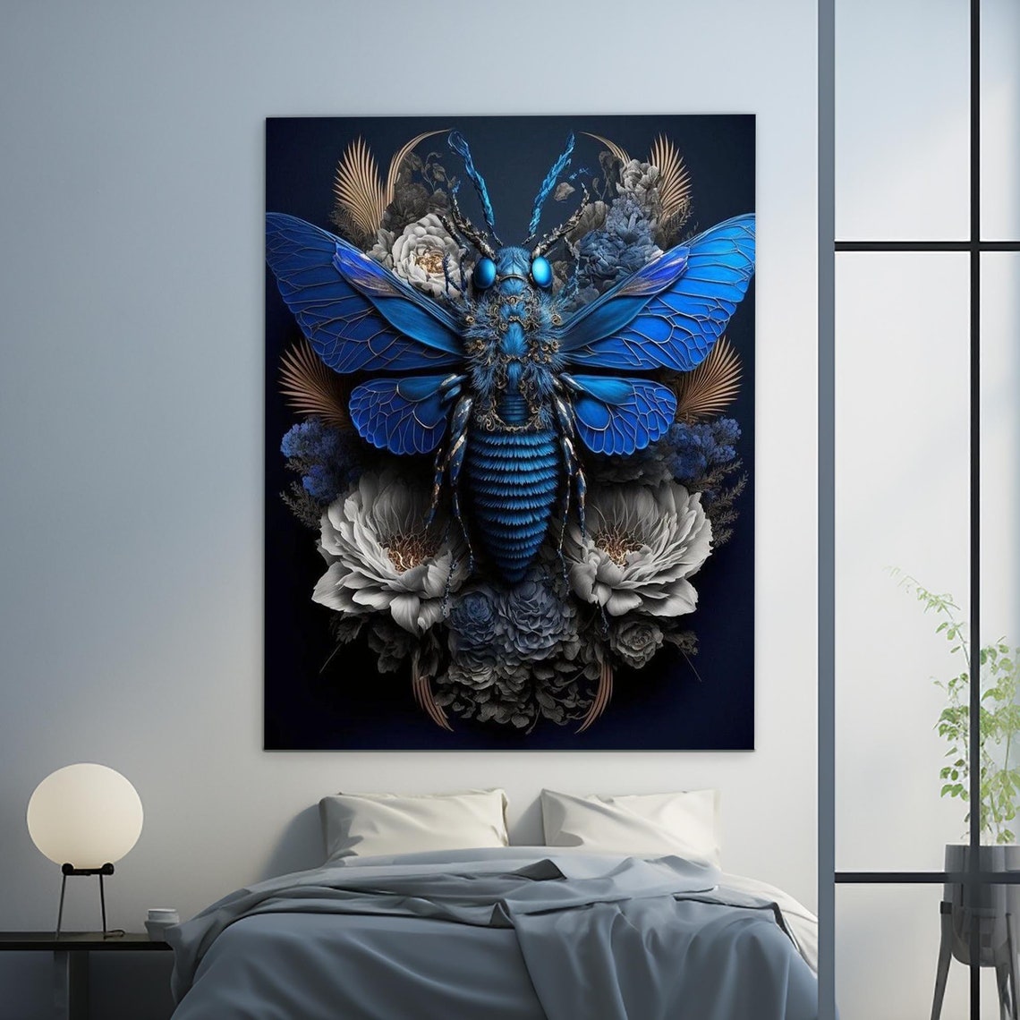 Blue Moth Dark Floral Botanical Gothic Insect Wall Art Poster - Image 3