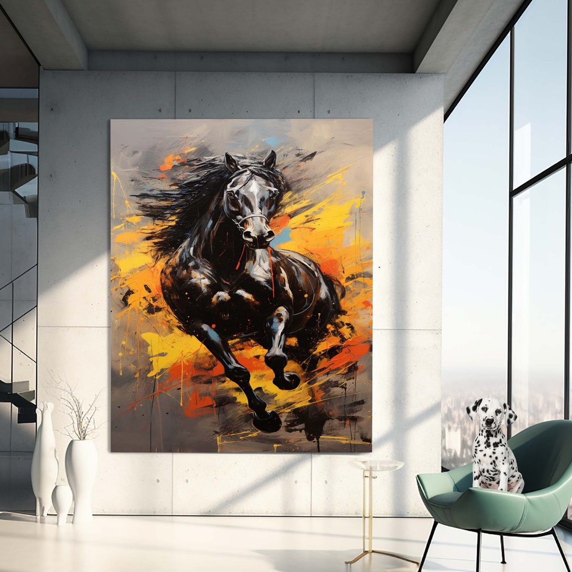 Black Horse Galloping Orange Paint Splash Dynamic Wall Poster