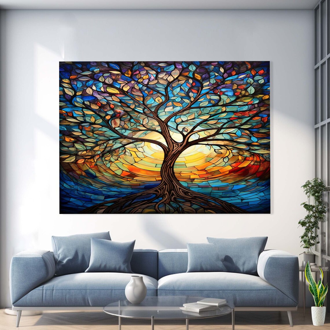 Multicolor Tree of Life Stained Glass Mosaic Sunset Wall Art