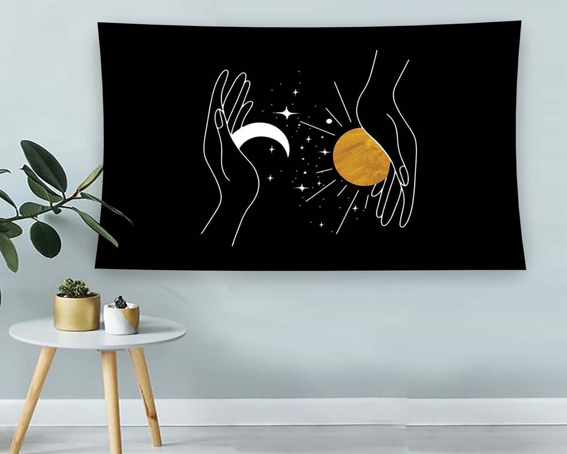 Hands Holding Moon Sun Minimalist Black Gold Celestial Boho Poster