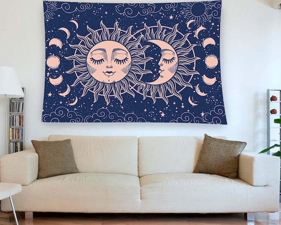 Navy Blue Sun Moon Celestial Faces Starry Night Boho Mystic Poster