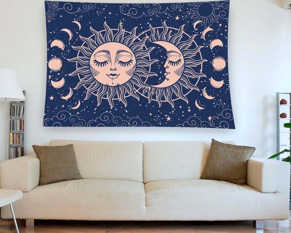 Navy Blue Tapestry Sun And Moon Starry Tapestry Aesthetic Tapestry Wall Hanging Vintage Room Decor Wall Art Decoration Love Wall Art