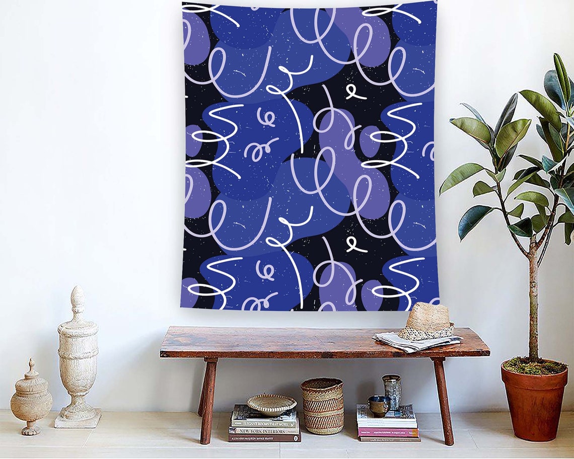 Blue Purple Abstract Organic Shapes White Doodle Line Pattern Wall Art - Image 2