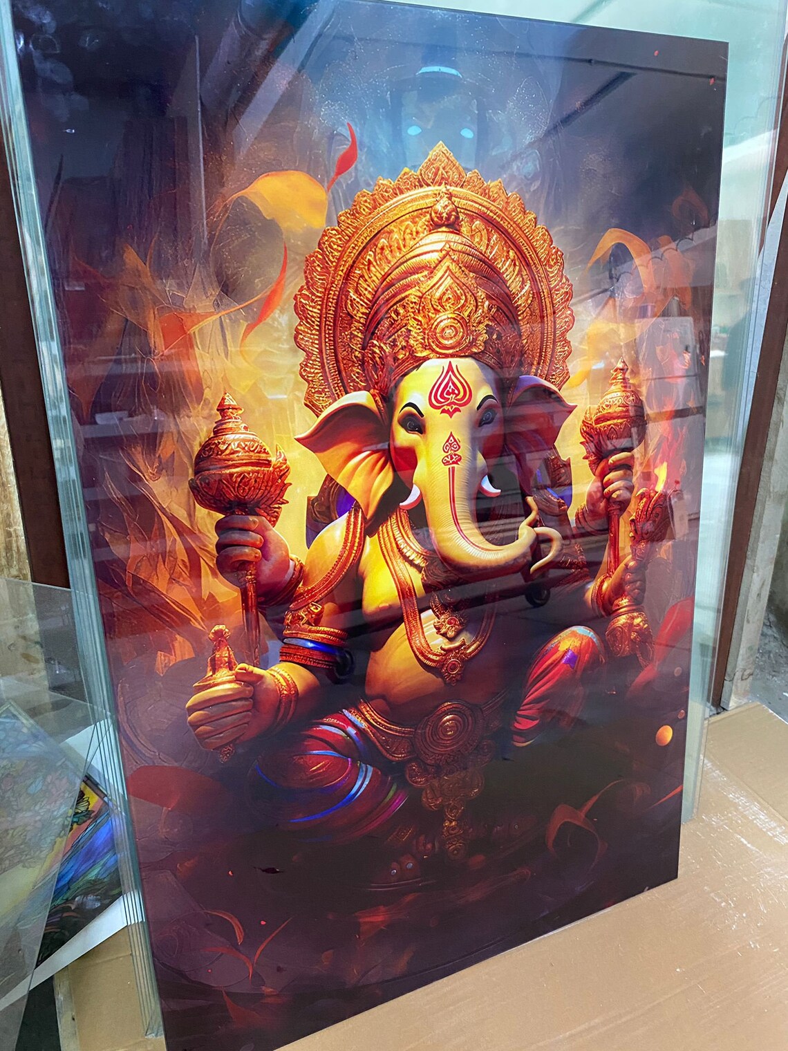 Golden Ganesh Hindu Deity Ornate Spiritual Temple Glass Gallery Poster - Image 2
